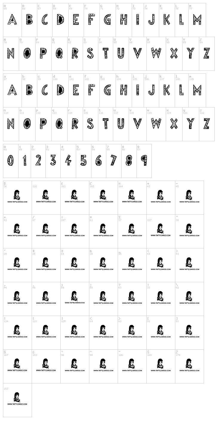 Egyptian Nights font map